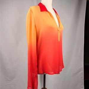ABS Allen Schwartz Ombre Silk Blouse Orange Red Large